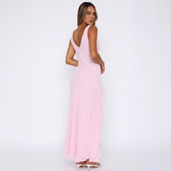 V-neck sleeveless black fungus edge slit backless dress