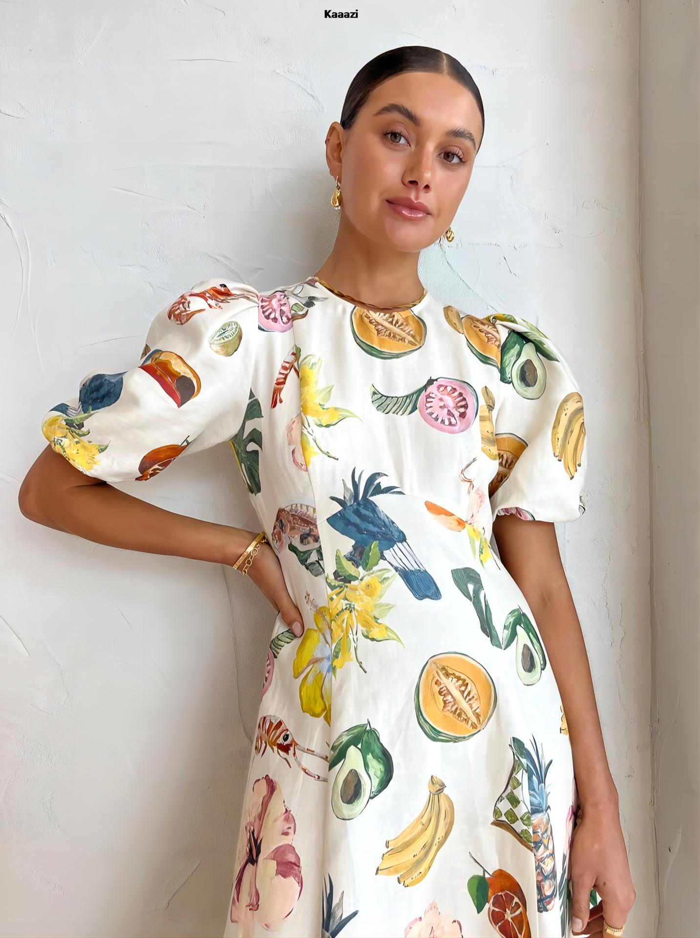 Short Sleeve Vintage Print Maxi Dress Casual Round Neck Puff Sleeve Loose Women Long Dress Slim Fit Elegant Robe