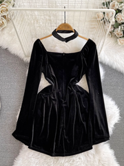 Black velvet square neck A-line dress