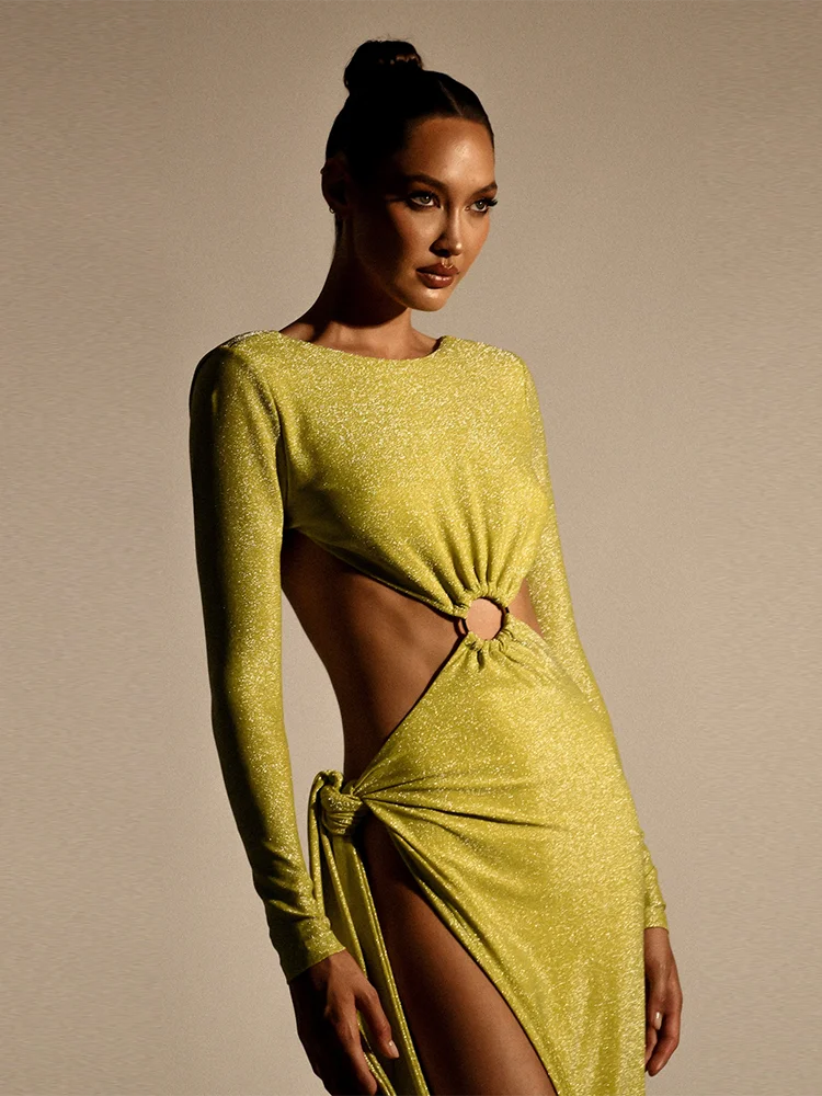 Sexy Backless Dress Chic Waist Hollow Out Design High Slit Long Gold Dress Cocktail Party Wear