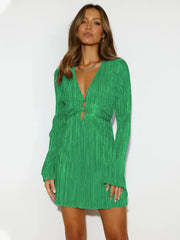 Elegant Women Dress Solid Color Flare Sleeves High Waist Long Sleeves A-line Skirt Simple Slim Fit Lace-up Dress