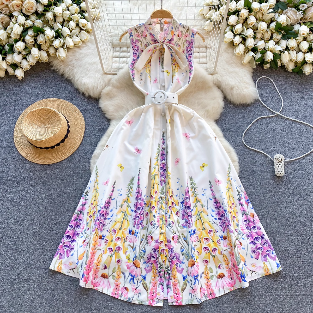 Printed holiday dress sweet bow collar sleeveless dress