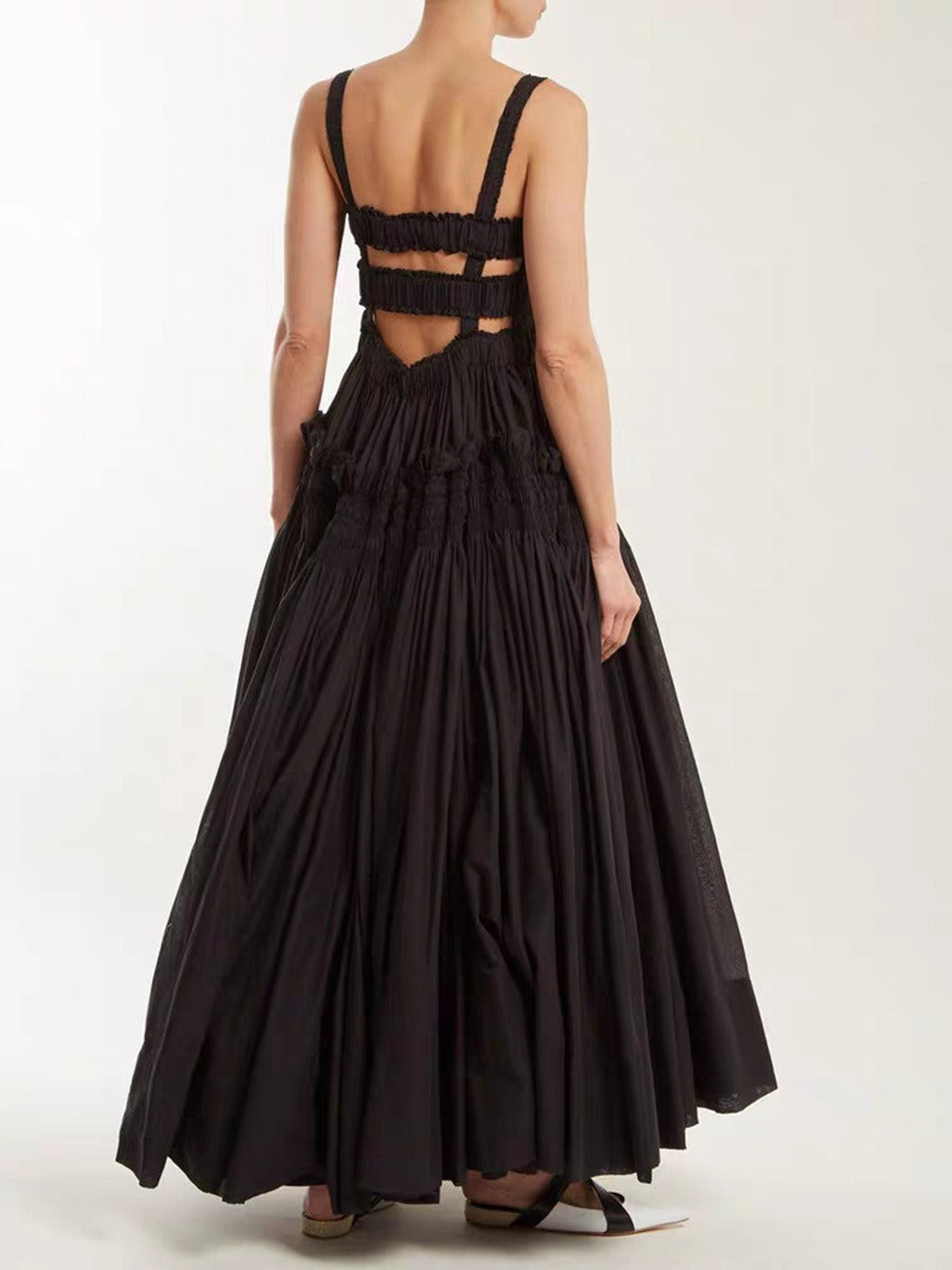 Party dress with pleated suspender and long solid color large hem dress