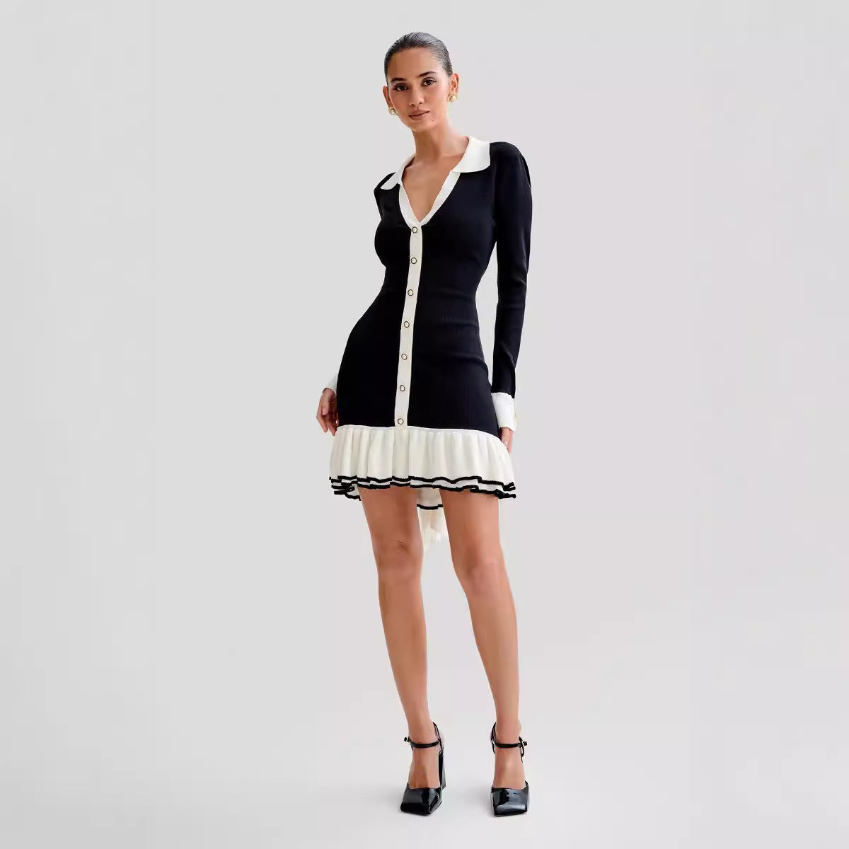 Bow tie, ruffle edge knitted skirt sleeves, pearl buckle, small fragrant style dress
