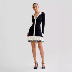 Bow tie, ruffle edge knitted skirt sleeves, pearl buckle, small fragrant style dress