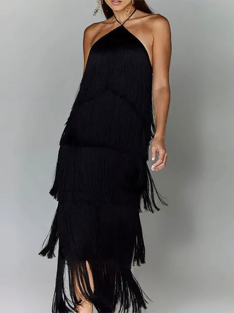 Metallic Color Tassel Halter Long Dress Female Chic Sleeveless Backless Lace Up Slim Vestdios Lady Sexy High Street Robe