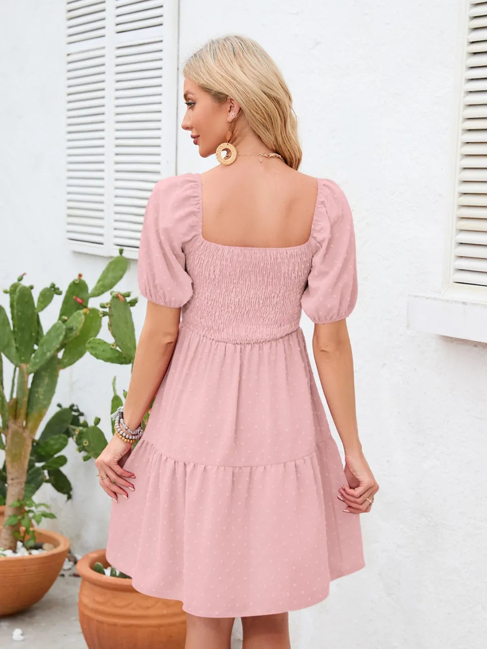 Dot Smocked Square Neck Dress