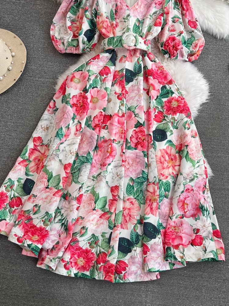 Puff short-sleeved V-neck waist A-line printed dress
