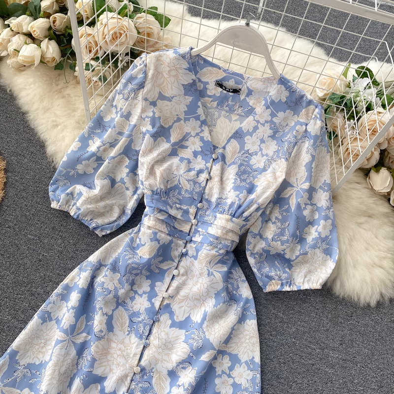 Printed V-Neck Slit Dress