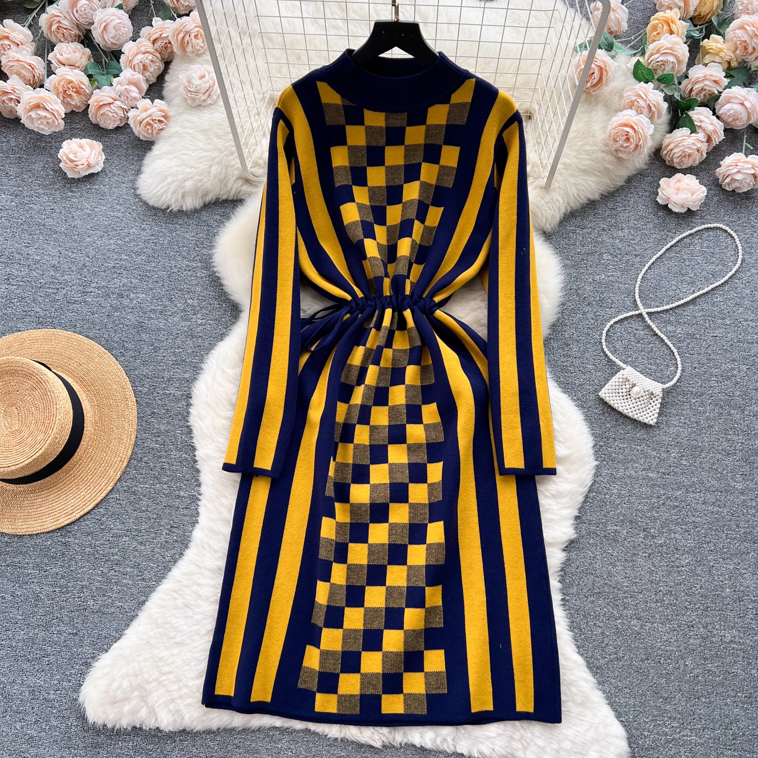 color-blocked checkerboard drawstring waist long-sleeved knitted dress