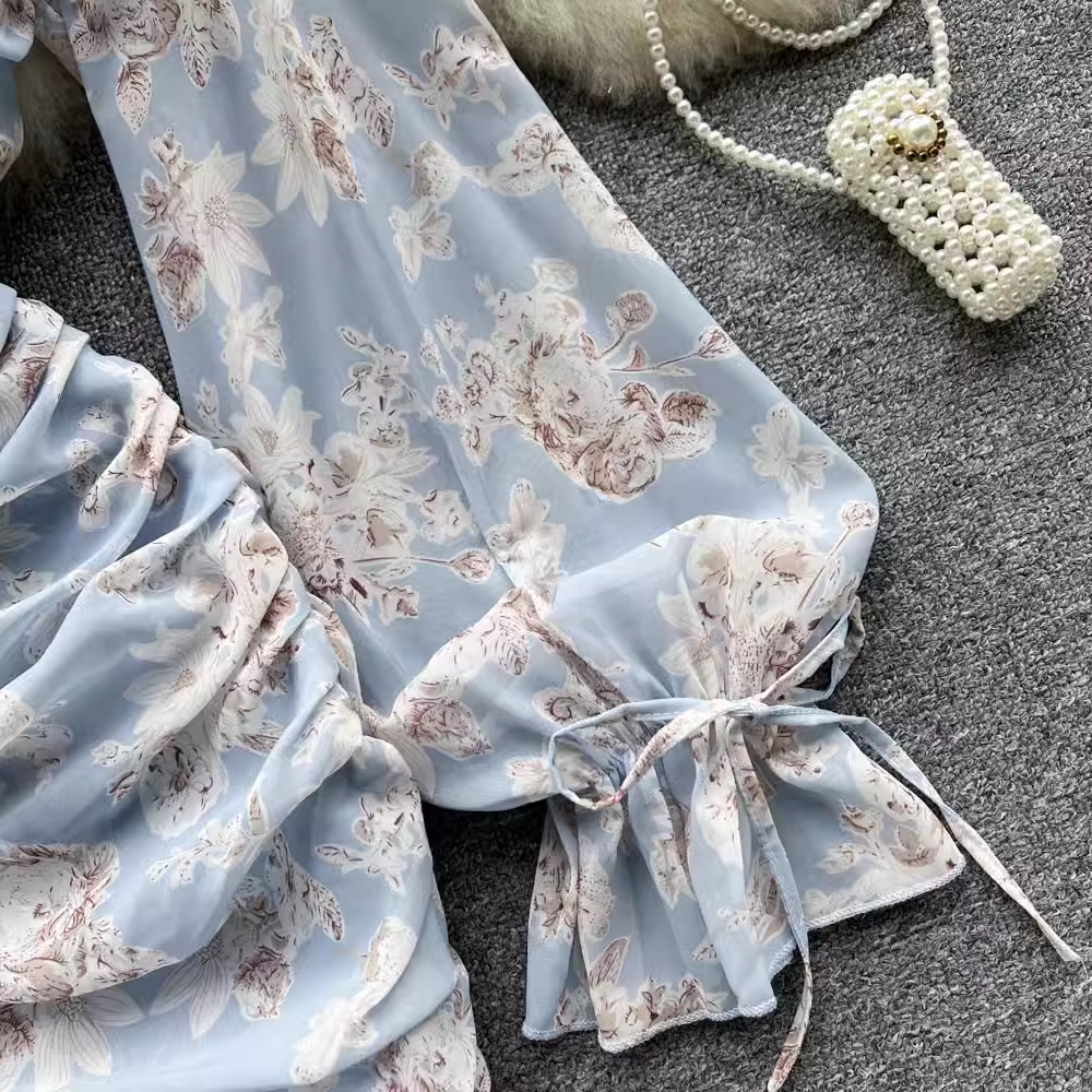 Pink Floral Fairy Dress Summer New Chiffon V-neck Wrap Dress