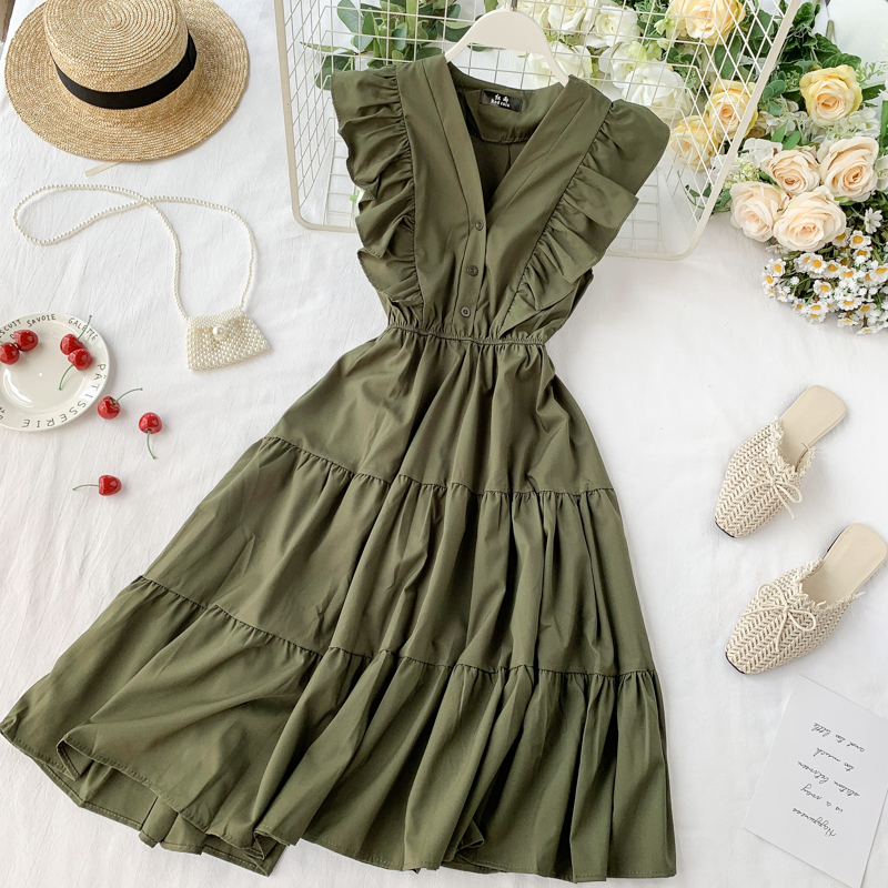 Ärmelloses Sommerkleid im Vintage-Stil mit V-Ausschnitt und Rüschen