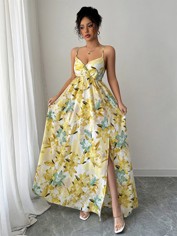 elegant suspender printed long dress