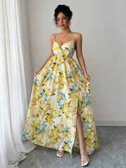 elegant suspender printed long dress