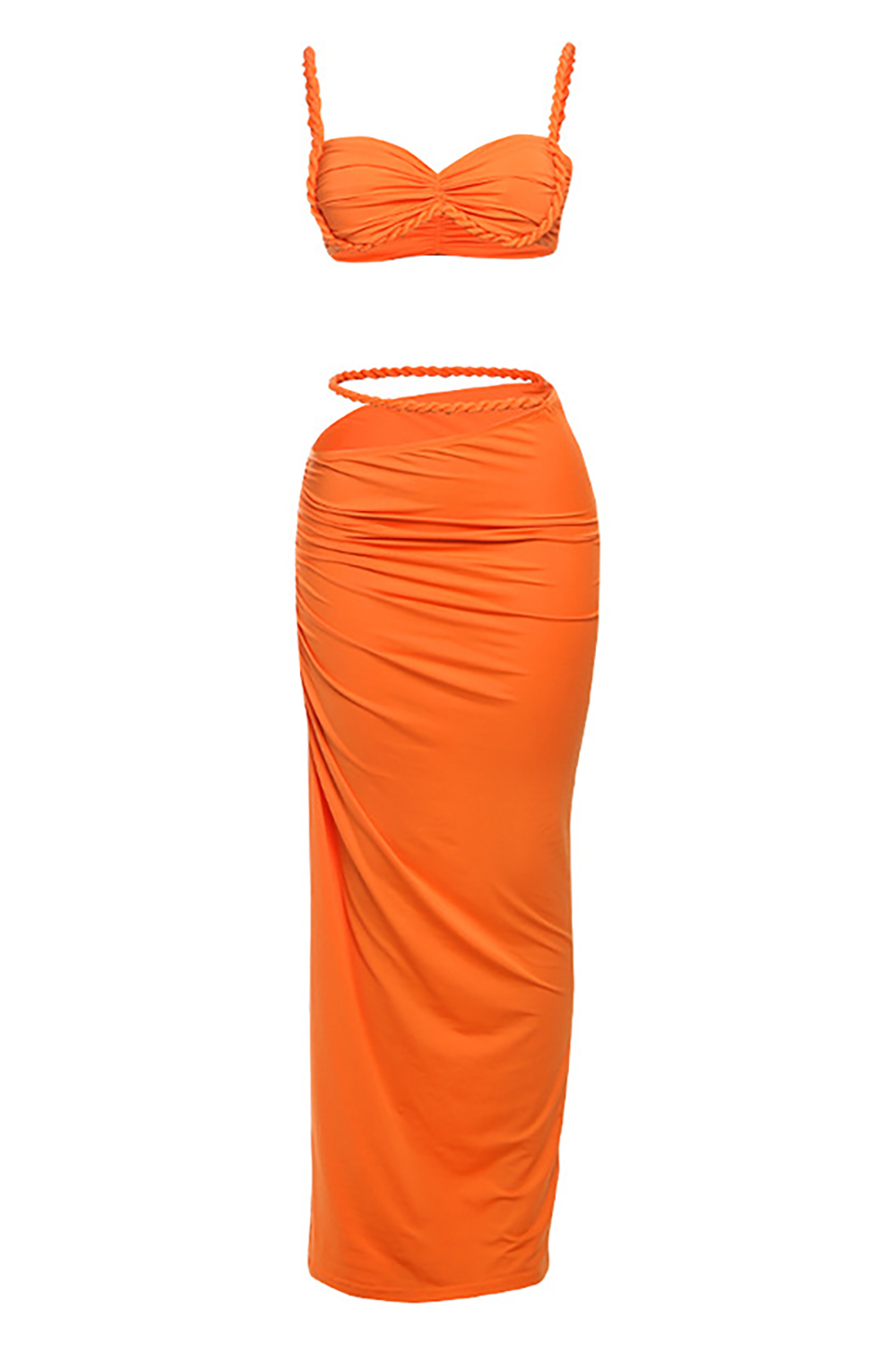 Braided Crop Cami Cutout Ruched Bodycon Maxi Skirt 2pcs Set - Orange