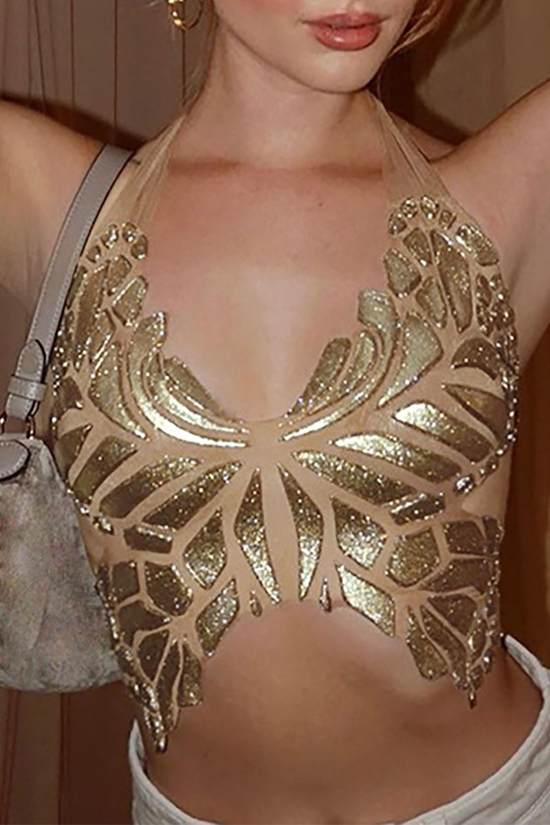 Butterfly Pattern Halter Neck Crop Top - Gold