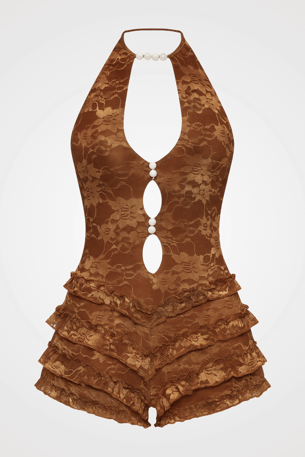 Floral Pattern Print Halter Cutout Frilled Trim Playsuit Romper - Brown
