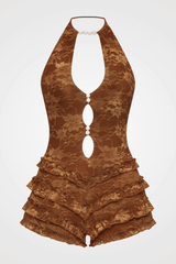 Floral Pattern Print Halter Cutout Frilled Trim Playsuit Romper - Brown