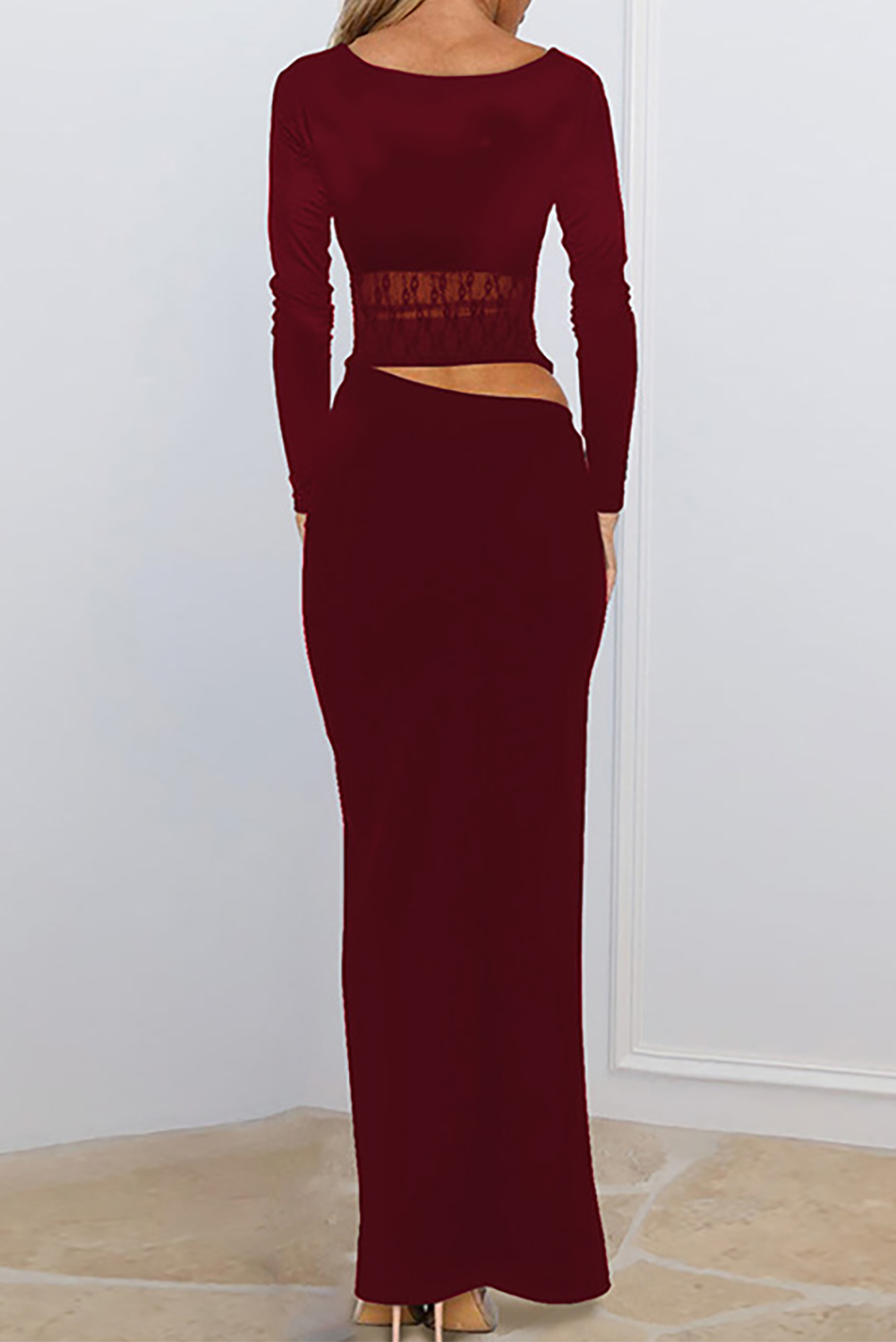 V Neck Long Sleeve Lace Patchwork Cutout Slim Fit Maxi Dresses - Black