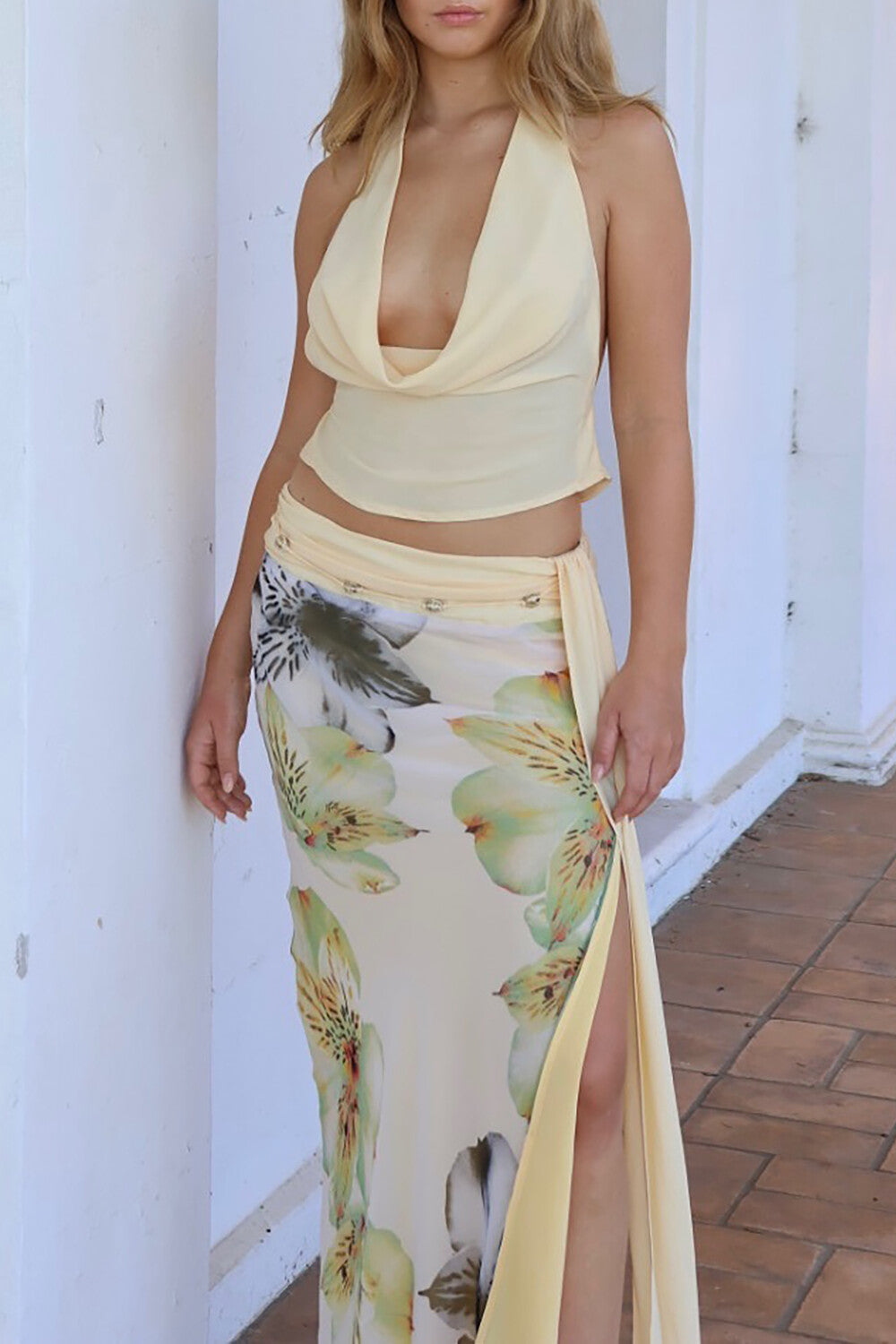 Cowl Neck Crop Top Floral Print Slit Maxi Skirt 2pcs Set - Yellow
