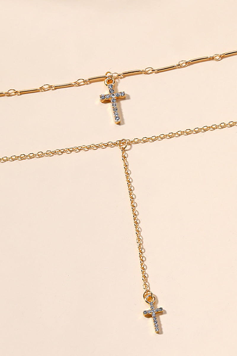 Rhinestone Cross Pendants Alloy Double - Layered Necklace - Gold