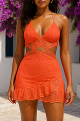 V Neck Halter Cutout Fitted Ruffled Lace Mini Dresses - Orange Pre Order