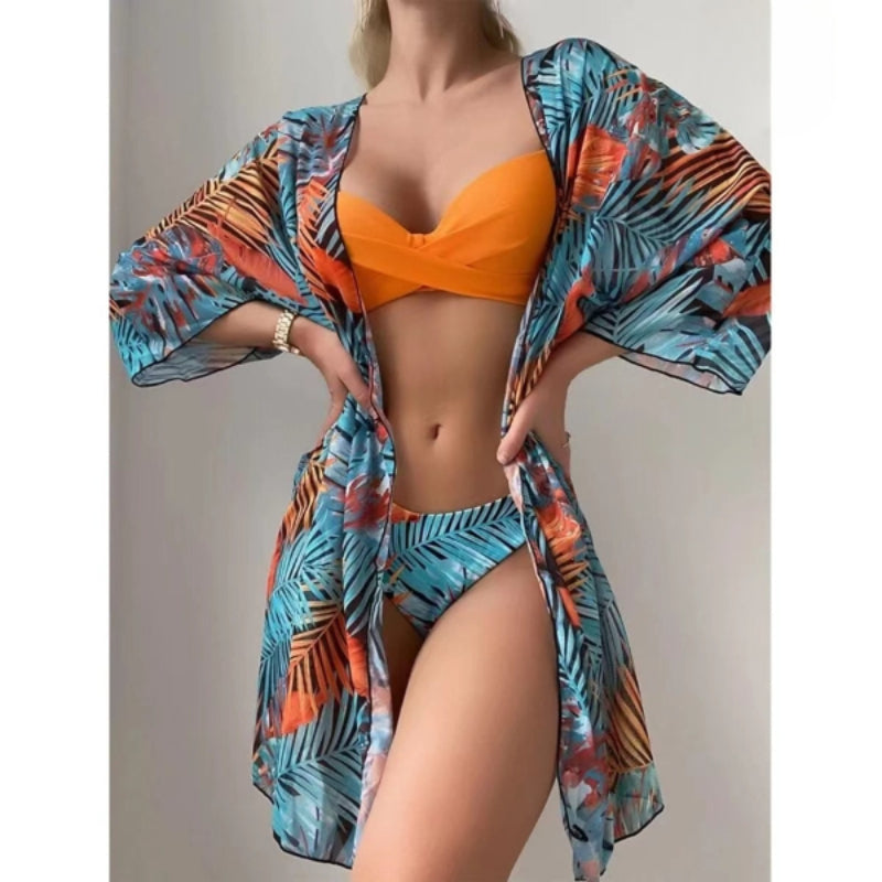 Dreiteiliger bedruckter Cover-Bikini für Damen