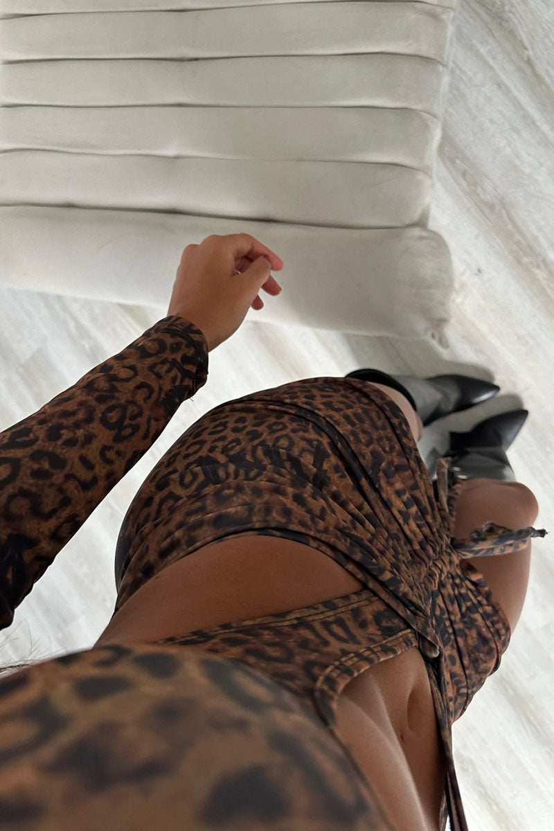Leopard Print Cutout Bodysuit Mini Skirt Matching Set - Brown