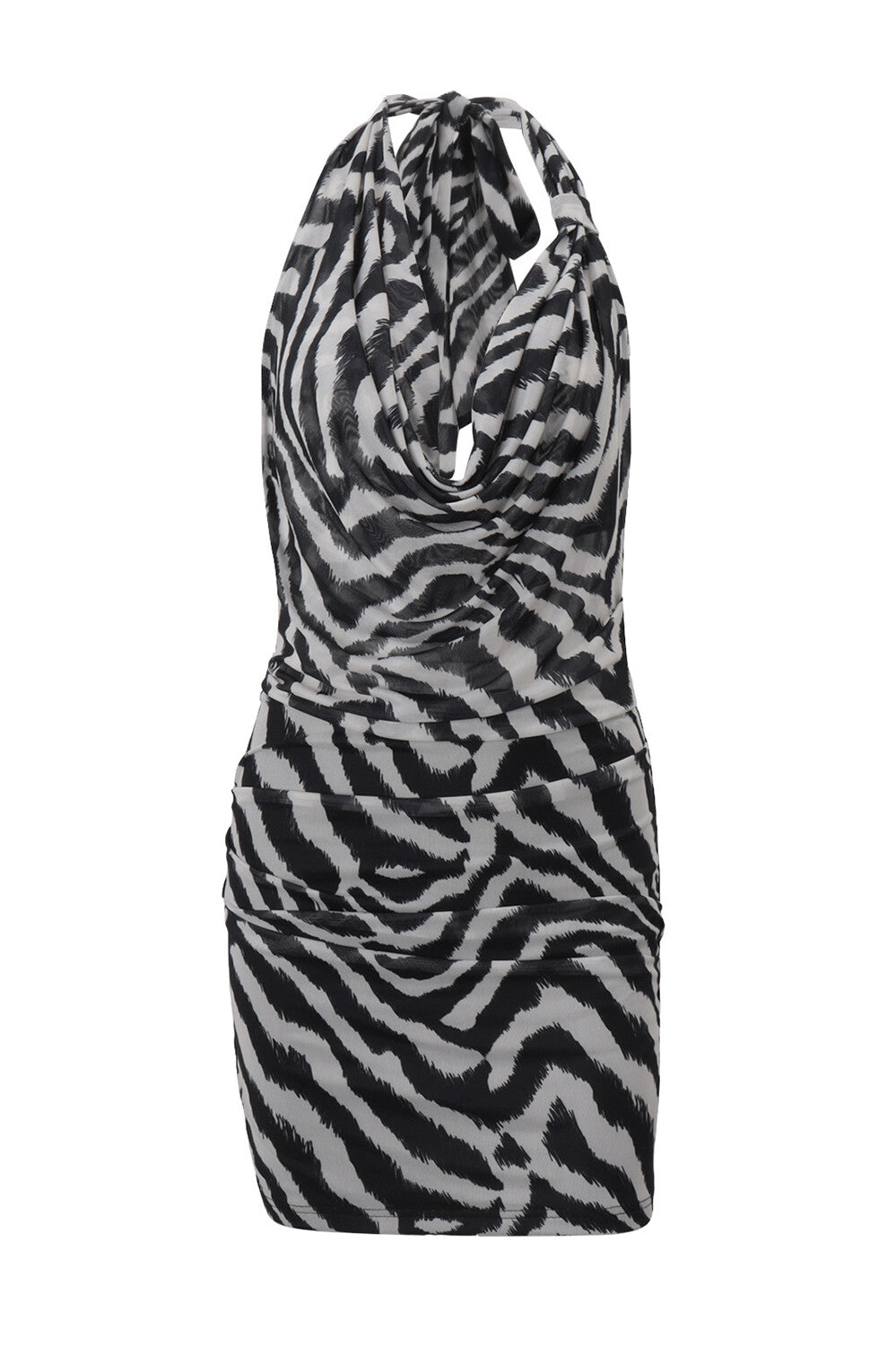 Zebra Print Cowl Neckline Bodycon Halter Mini Dresses - Black