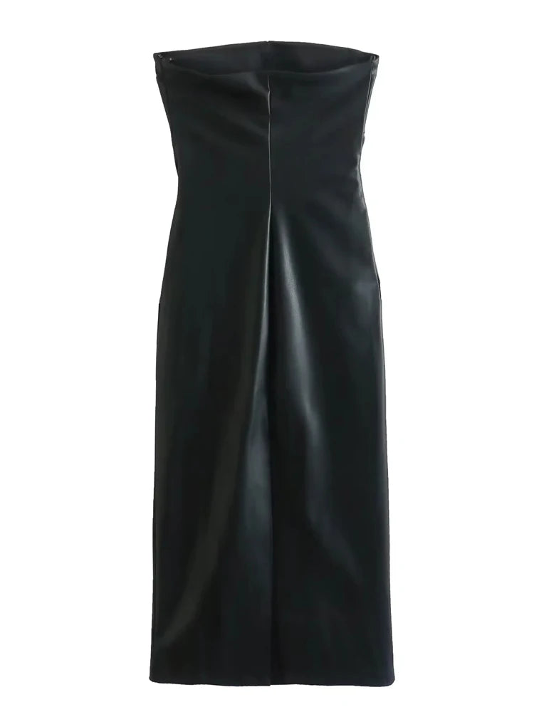 Black Faux Leather Dress Woman Off Shoulder Bodycon Long Dresses Sexy Backless Dress Midi Party Dresses