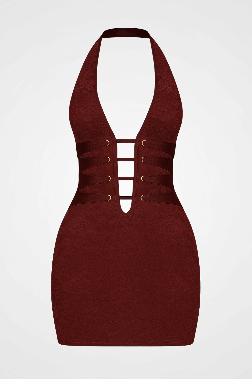 Deep V Neck Jacquard Lace Bodycon Halter Mini Dresses - Burgundy