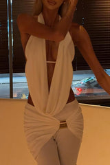 Halter Cowl Neckline Top Ruched Overlay Flared Leg Pants Set - White Pre Order