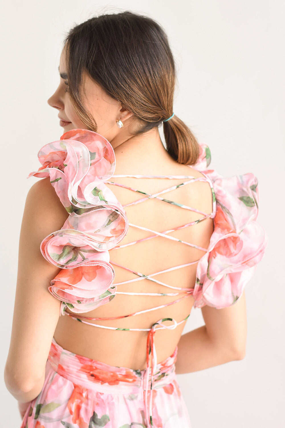 Floral Print Ruffled Straps Lace Up Backless Maxi Dresses - Pink