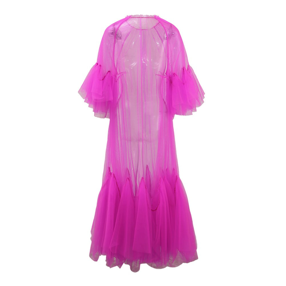 Lace collar loose petal short sleeved mesh dress, women's patchwork puffy skirt, hood skirt
