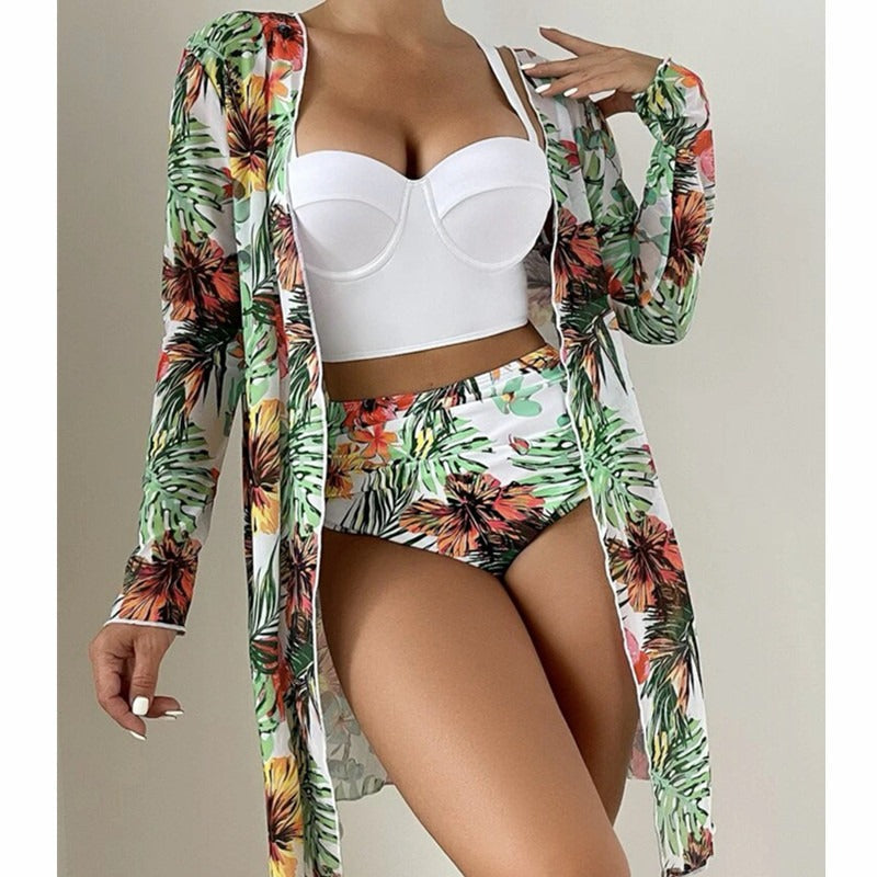 Tropical Three Pieces Printed Cover Up Bikini Set For Women