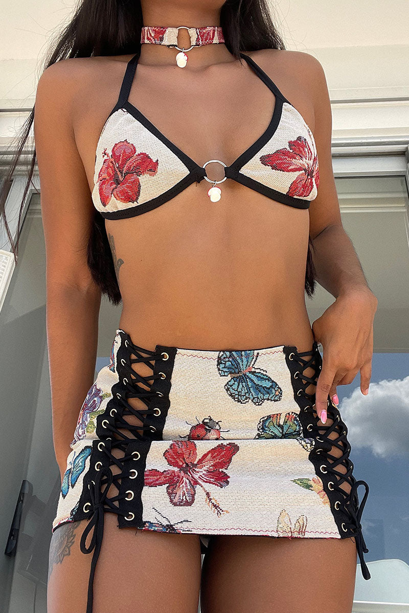 Vacay Floral Print Halter Bikini Top Lace Up Mini Skirt 2pcs Set - Beige