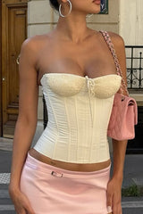 Ruched Strapless Tie Up Solid Color Bodice - Beige