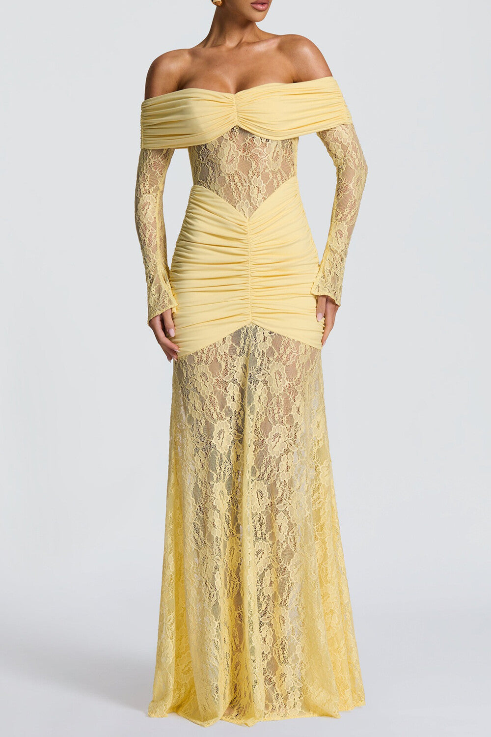Jacquard Lace Patchwork Off Shoulder Long Sleeve Ruched Maxi Dresses - Yellow