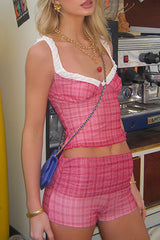 Plaid Print Colorblock Crop Cami Low - Rise Slim Fit Shorts 2pcs Set - Fuchsia