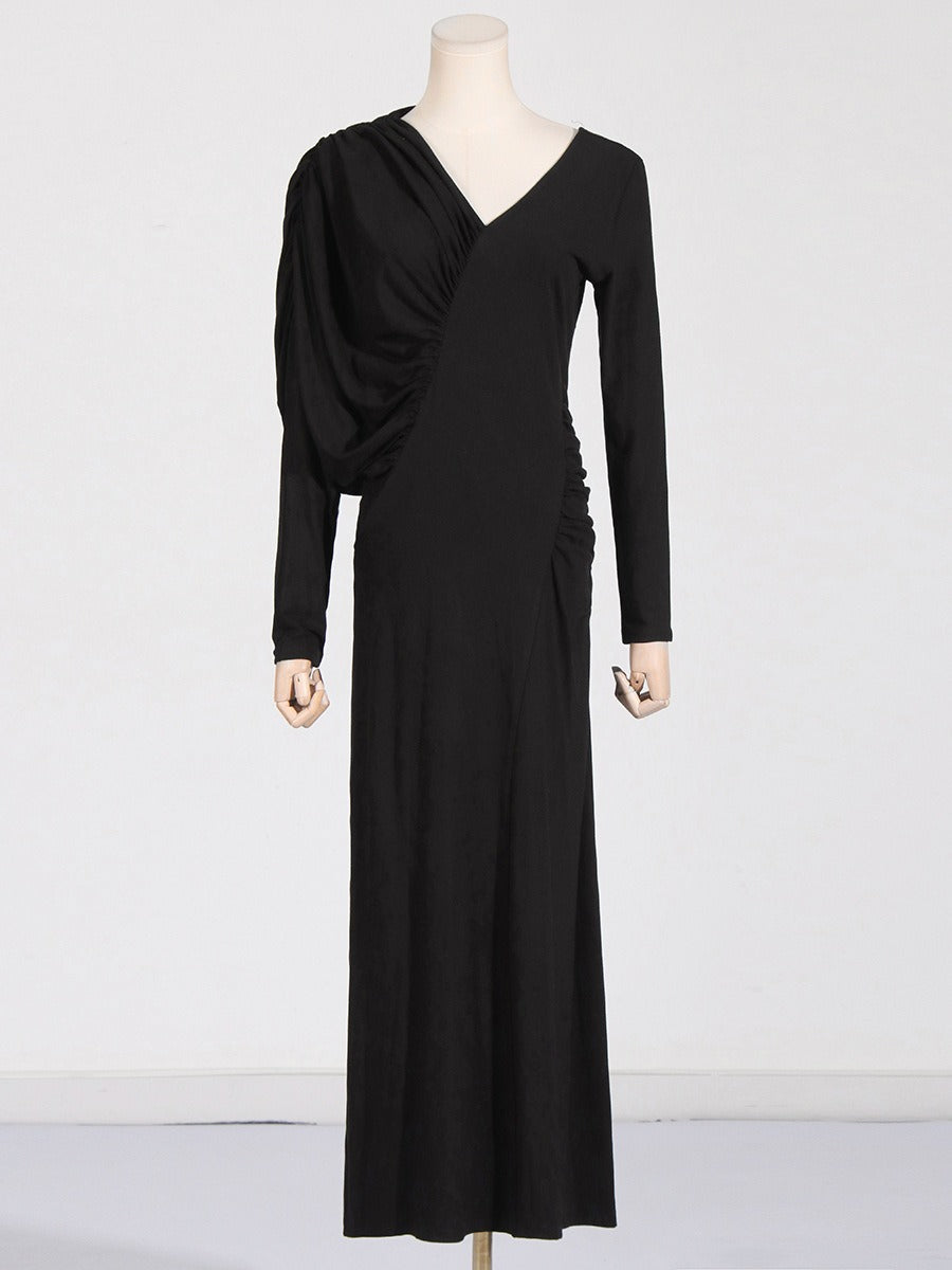 Asymmetric slim fit slimming long dress with V-neck design pleated solid color dress