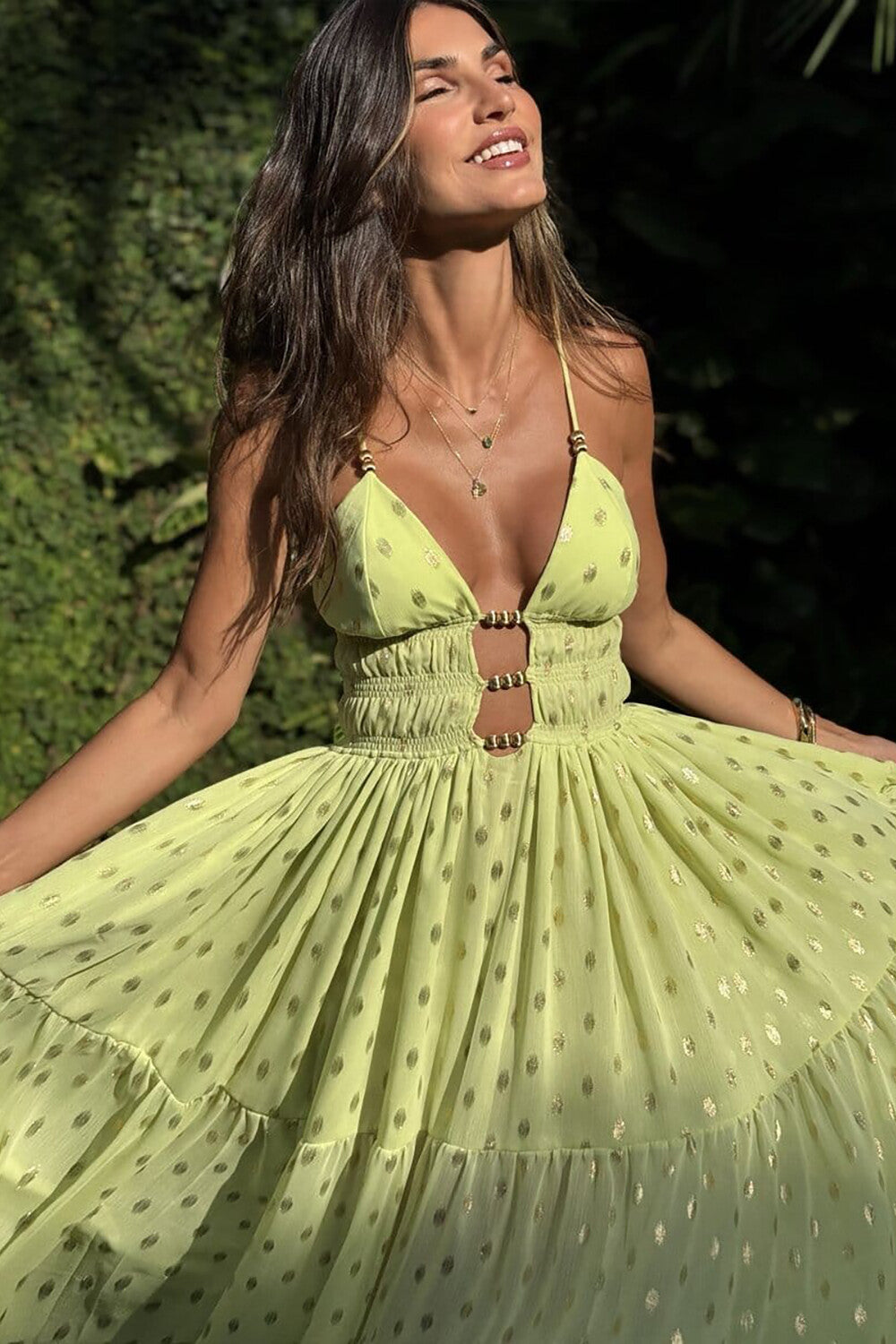 Plunge Neck Cutout Cinch Waist Glittering Slip Maxi Dresses