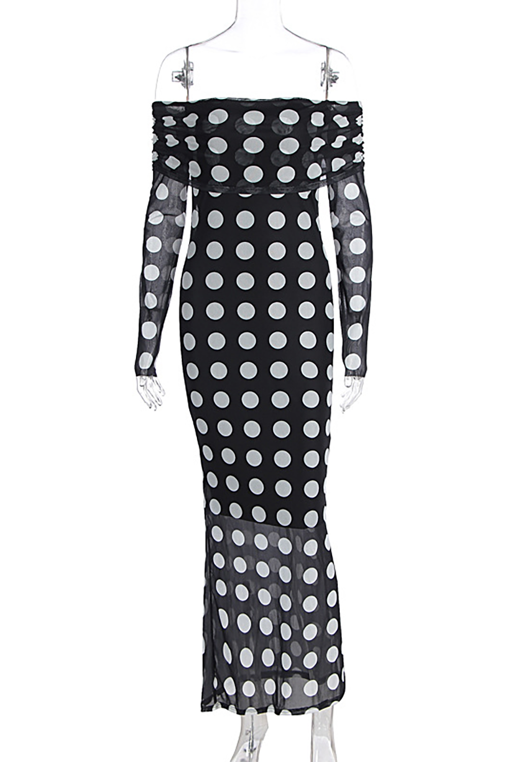 Polka Dot Print Off Shoulder Long Sleeve Bodycon Maxi Dresses - Black