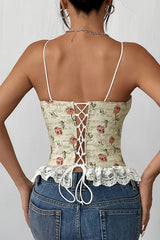Lace Patchwork Floral Jacquard Cinch Waist Cami - Yellow