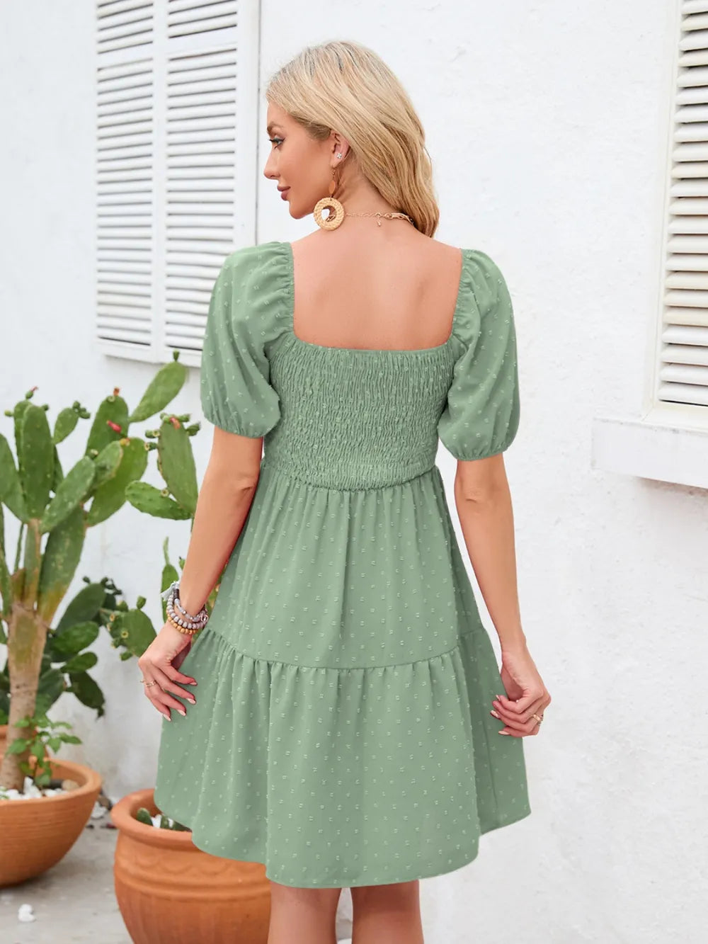 Dot Smocked Square Neck Dress