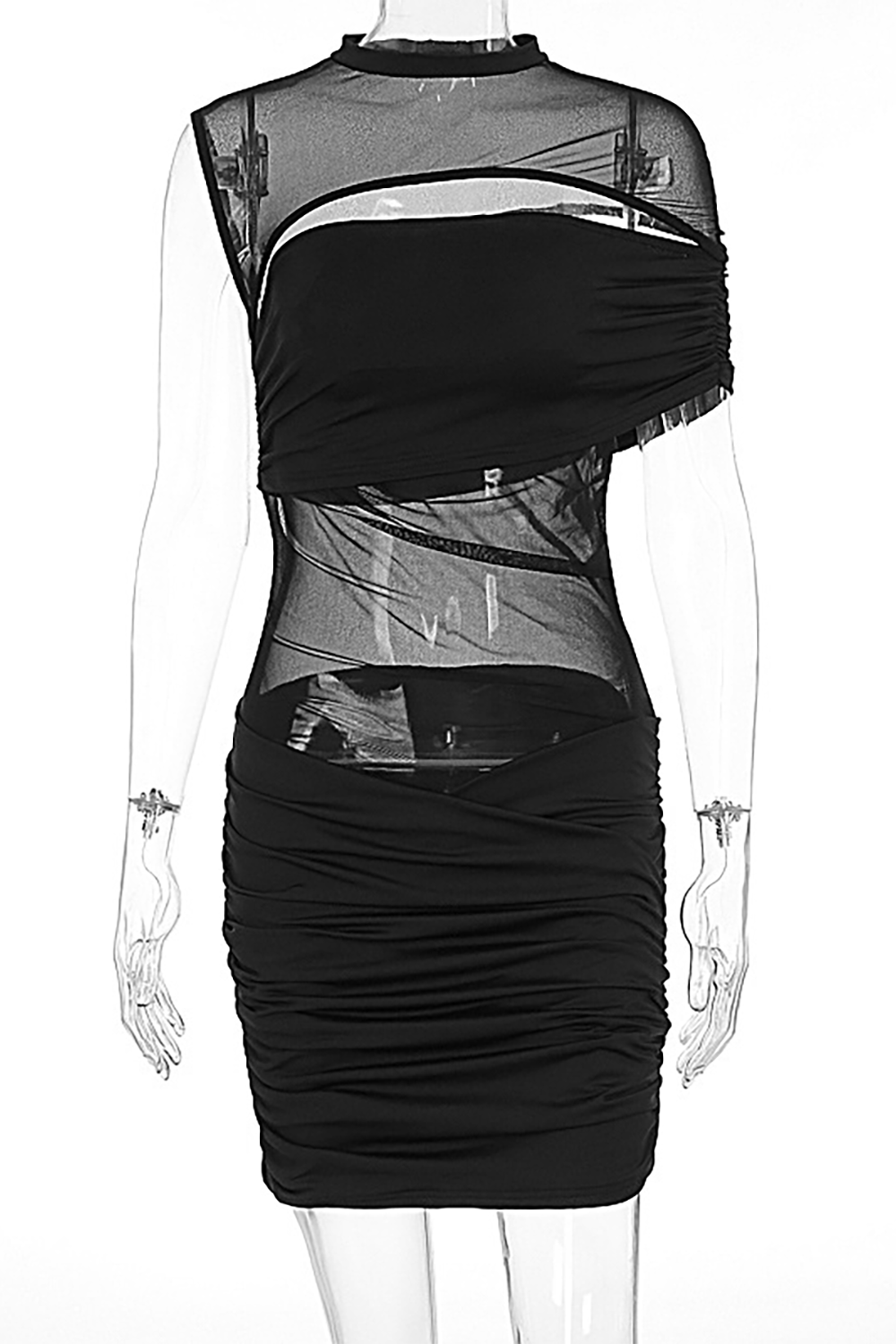 Mock Neck Cutout See Through Mesh Ruched Bodycon Mini Dresses - Black