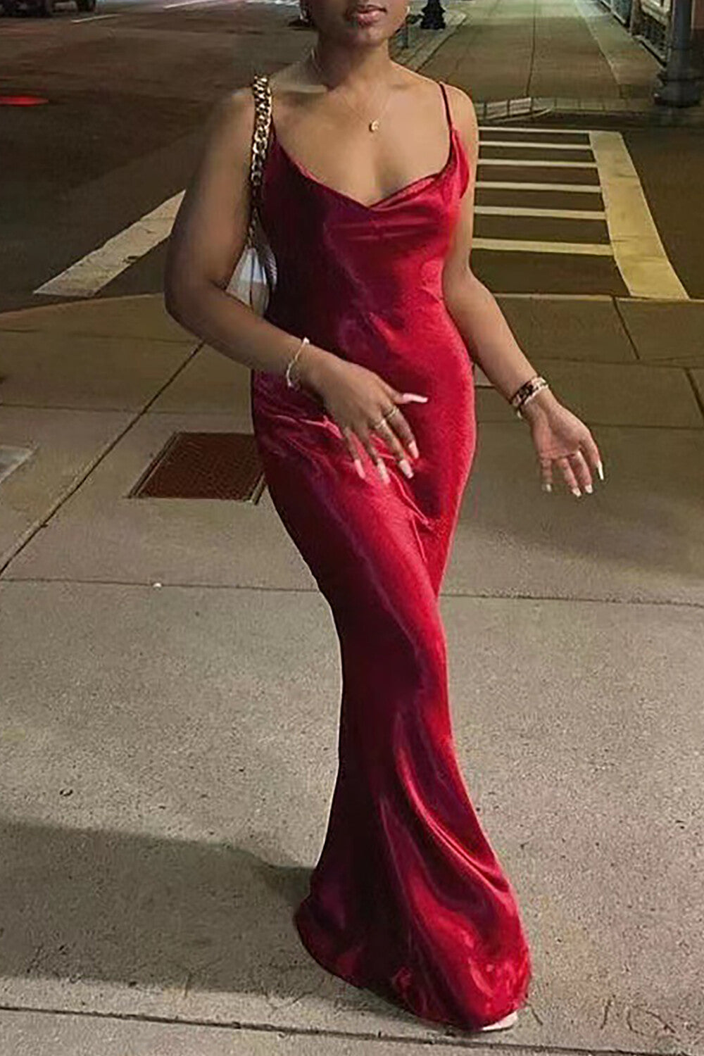 Cowl Neckline Metallic Finish Slim Fit Backless Strappy Maxi Dresses - Gold