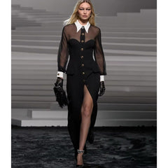 white collar metal button sexy see-through dress dinner party bandage