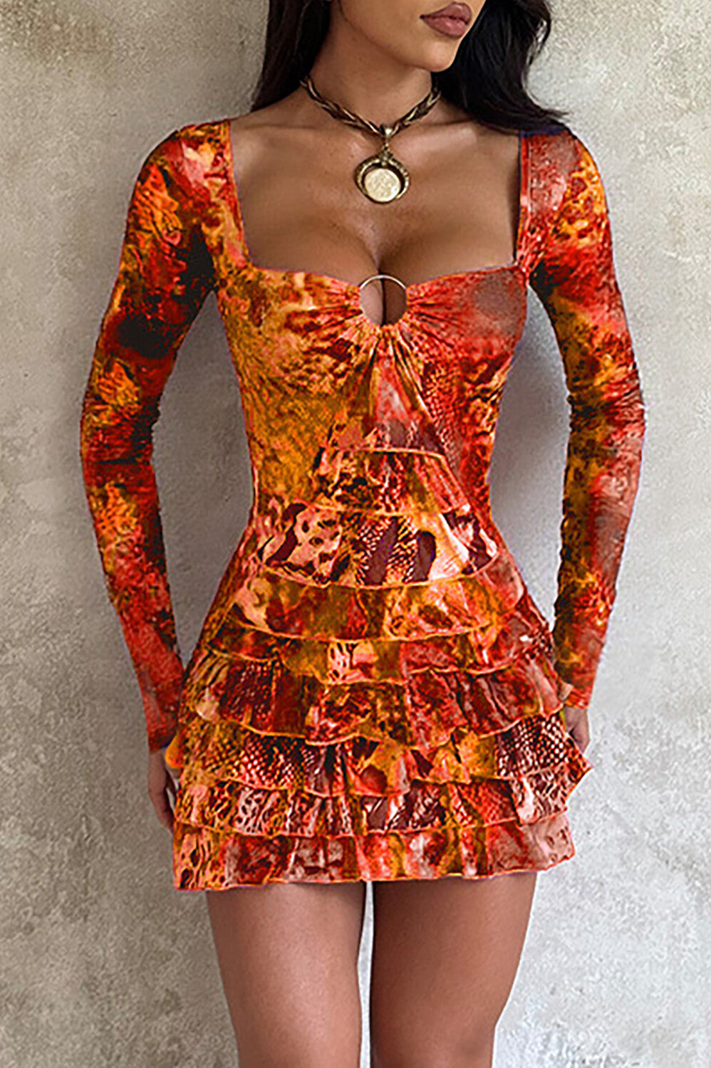 Irregular Neck Long Sleeve Mixed Print Layered Ruffled Mini Dresses - Purple