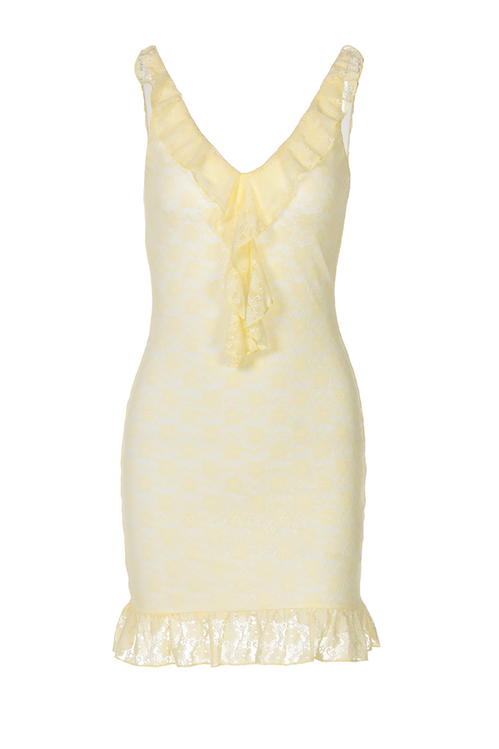 V Neck Ruffled Bodycon Lace Mini Tank Dresses - Yellow