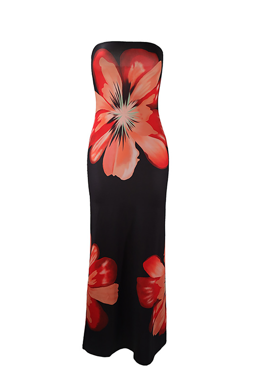 Floral Print Boat Neck Strapless Slim Fit Vacation Maxi Dresses - White